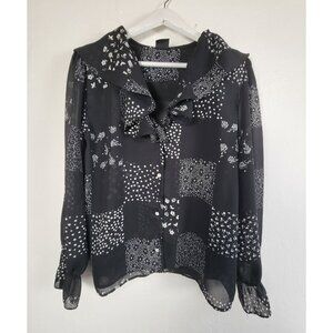 Vintage Judy Knapp Patchwork Print Sheer Button-Up Blouse Ruffle Collar Black